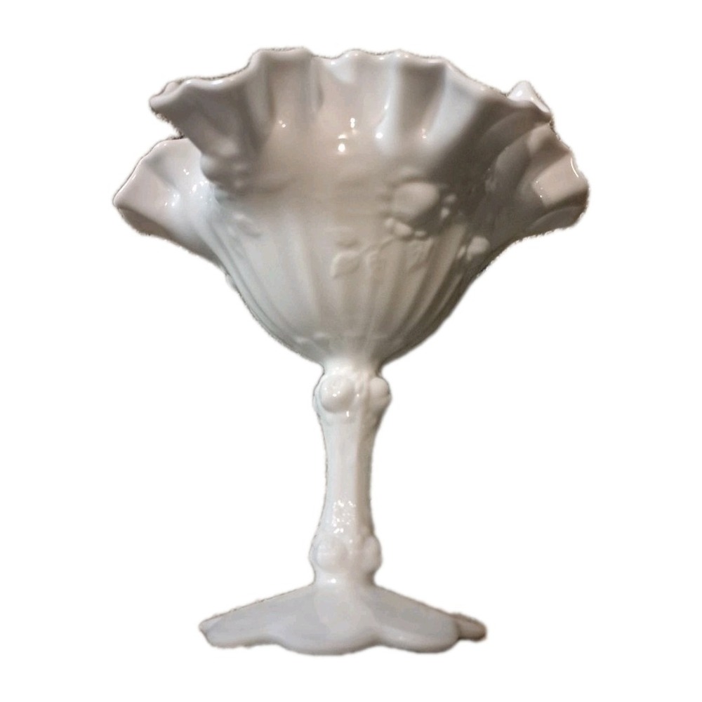 Vintage Fenton Cabbage Rose Ruffled Milk Glass Stemmed Compote Bowl Dish 6.5"